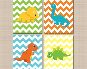 Dinosaurs Nursery Wall Art Teal Blue Green Orange Yellow Chevron T Rex Brachiosaurus Baby Boy Kids Bedroom Decor PRINTS or CANVASC133