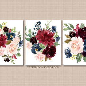 Floral Wall Art Watercolor Burgundy Red Navy Blue Blush Pink Modern Flowers Roses Baby Nursery Bedroom Decor   PRINTS or CANVAS 914