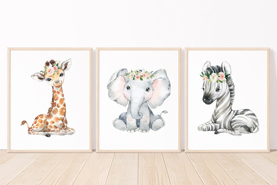 Safari Animals Floral Nursery Wall Art Watercolor Blush Pink Flowers ...