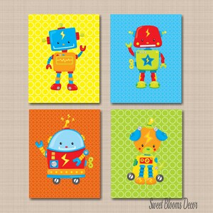 Robots Kids Room Wall Art Nursery Decor Yellow Green Orange Blue Space Robots Dcorations  PRINTS or CANVASC251