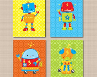 Robots Kids Room Wall Art Nursery Decor Yellow Green Orange Blue Space Robots Dcorations  PRINTS or CANVASC251