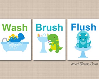 Dinosaurs Bathroom Wall Art Dino Park Bathroom Decor Blue Green Teal Wash Brush Flush Baby Boy Brothers Bath Art PRINTS or CANVAS B157