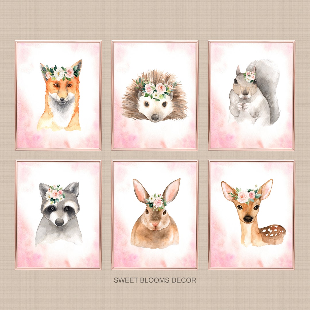 Woodland Animals Girl Nursery Wall Art Watercolor Pink Coral Blush ...