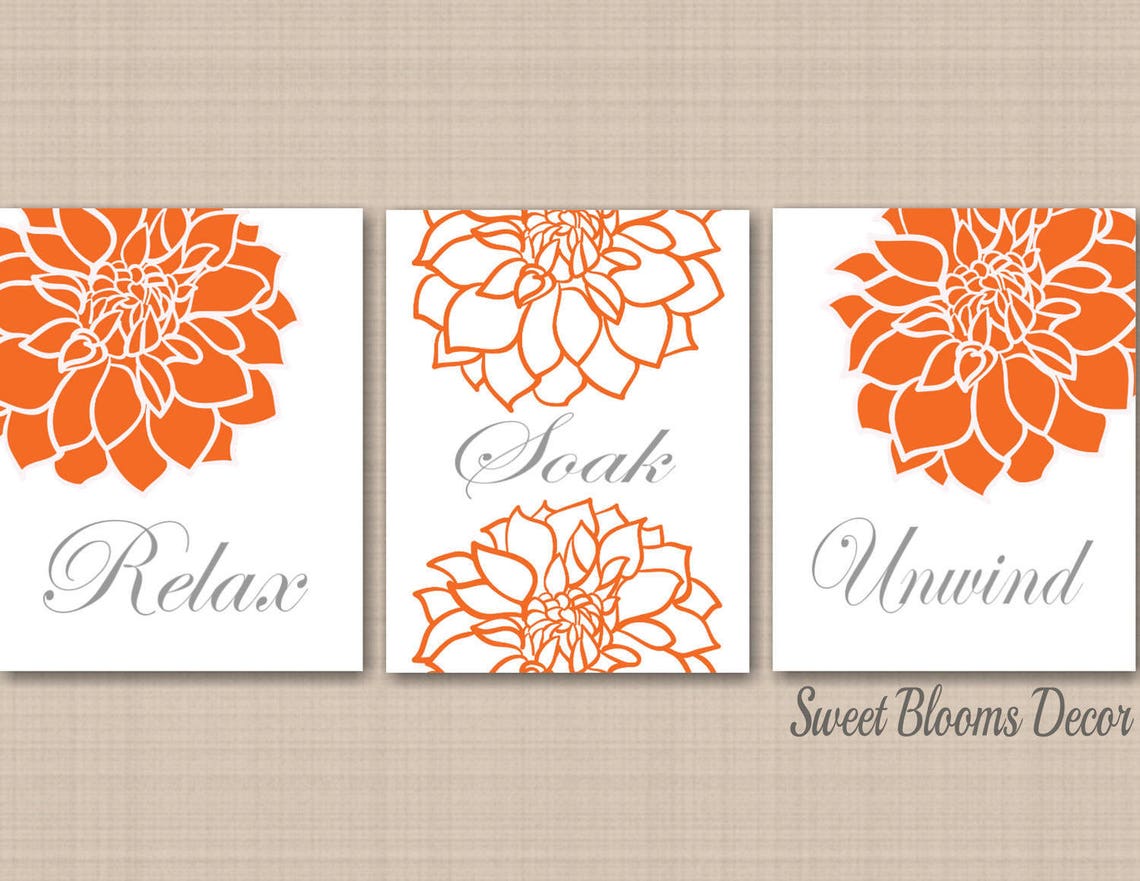 Orange Gray Bathroom Decor Orange Gray Floral Bathroom Wall Etsy