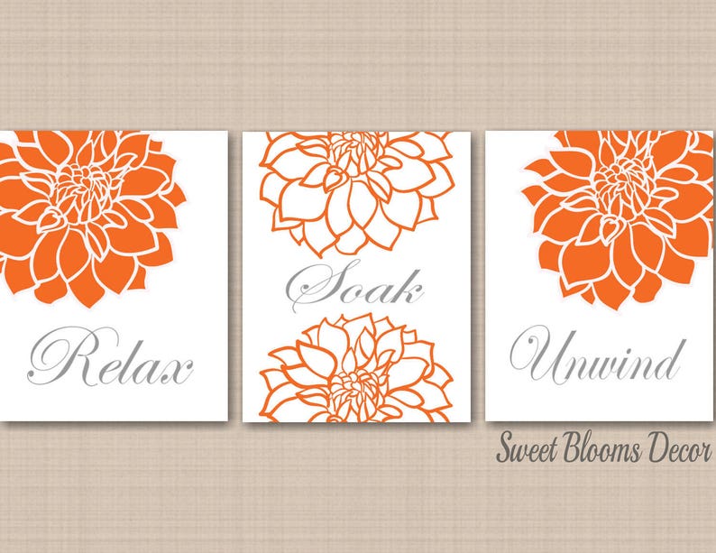 Orange Gray Bathroom Decor Orange Gray Floral Bathroom Wall Etsy