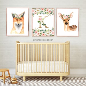 Woodland Girl Nursery Wall Art Watercolor Pink Coral Blush Flowers ...