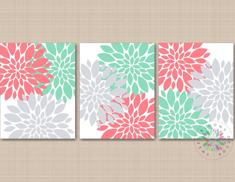 Floral Wall Art Nursery Decor Coral Mint Green Gray Floral | Etsy