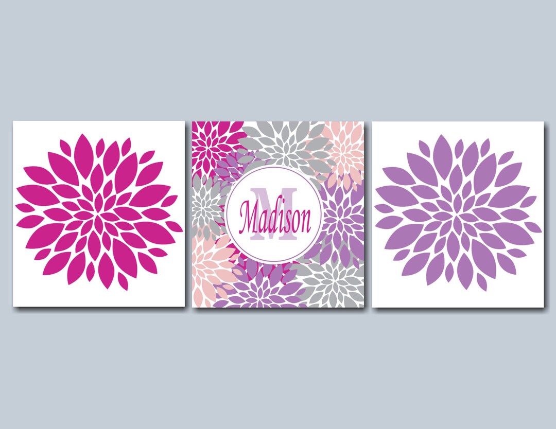 Floral Girl Bedroom Wall Art Purple Pink Lavender Gray Bedroom Decor Monogram Name Art Pink