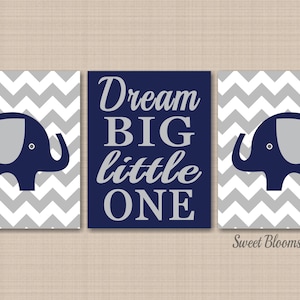 Elephants Nursery Wall Art Navy Blue Gray Chevron Dream Big Little One Baby Boy Bedroom Decor Modern Baby Shower Gift PRINTS or CANVAS C139 image 1