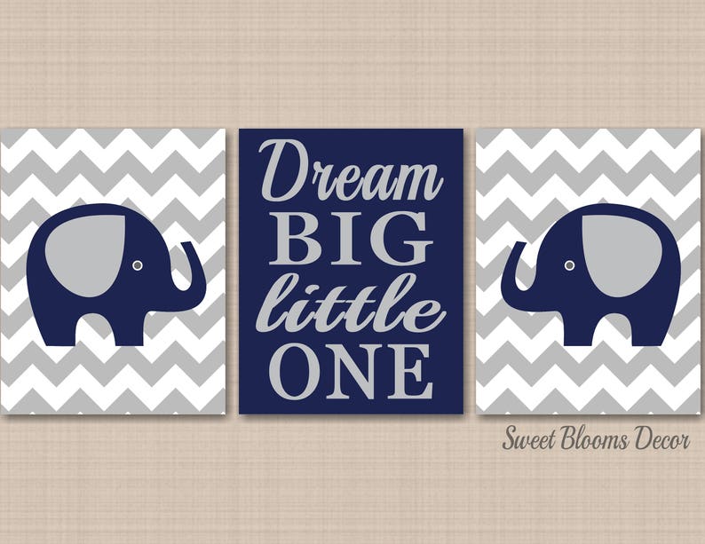 Elephants Nursery Wall Art Navy Blue Gray Chevron Dream Big Little One Baby Boy Bedroom Decor Modern Baby Shower Gift PRINTS or CANVAS C139 image 1