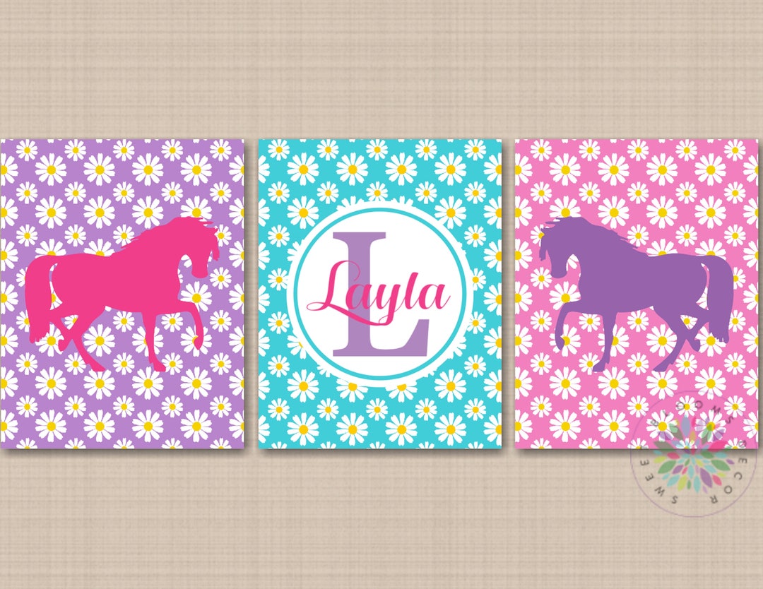 Horses Wall Art Turquoise Pink Purple Teal Pony Floral Horse Girl