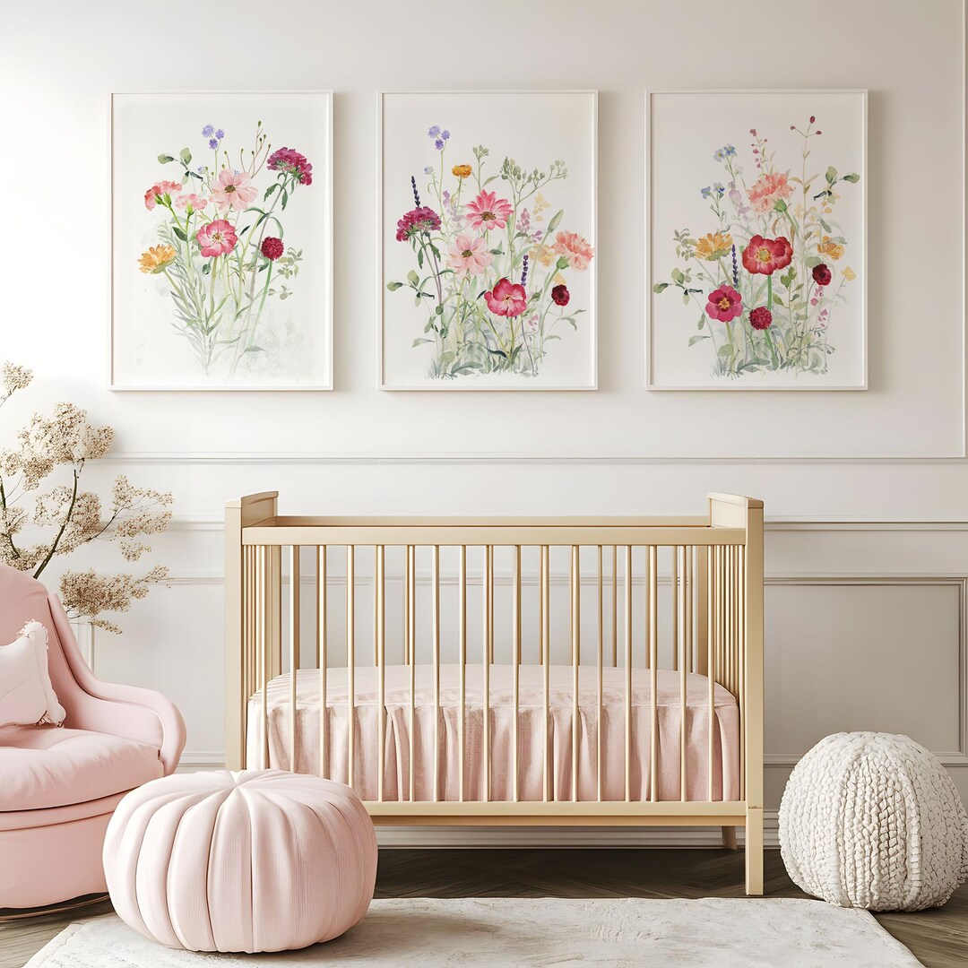 Wildflower Nursery Wall Art, Watercolor Flowers Nursery Decor, Pink ...