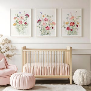 Wildflower Nursery Wall Art, Watercolor Flowers Nursery Decor, Pink Floral Prints, Boho Nursery Wall Art, Vintage flower Botanical Print