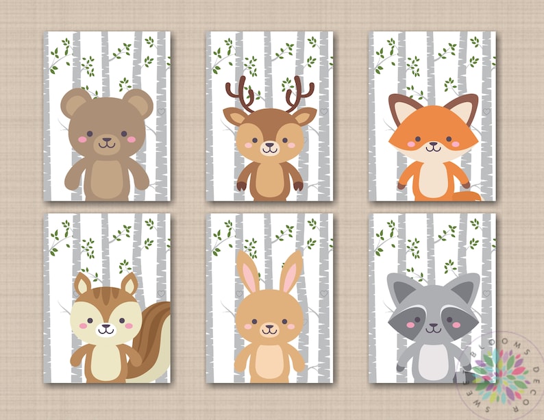 Woodland Animals Nursery Wall Art Forest Animals Gray Birch Etsy
