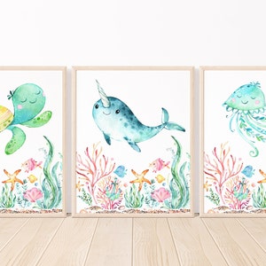 Sea Animals Nursery Wall Art, Turtle Narwhale Jelly Fish Under the Sea Watercolor Nursery Baby Room Decor UNFRAMED PRINTS or CANVAS C997