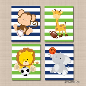 May include: Set of four printable nursery art prints featuring a monkey, giraffe, lion, and elephant playing sports. Each print has a blue and green striped background. "Sweet Blooms Decor" is printed at the bottom of the image.