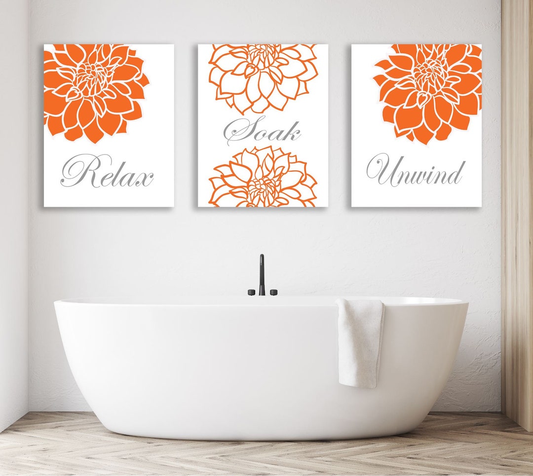Orange Gray Bathroom Decor Orange Gray Floral Bathroom Wall Art Modern