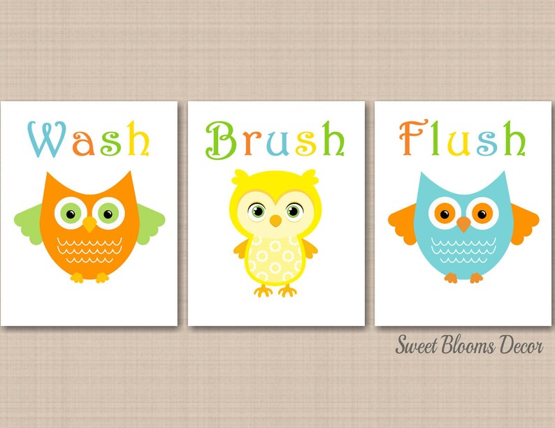Owl Bathroom Wall Art Owl Kids Bathroom Decor Orange Teal Aqua Etsy