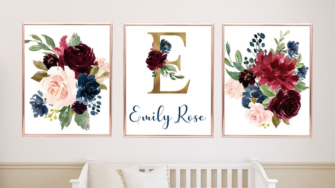 Floral Name Nursery Wall Art Watercolor Burgundy Red Navy Blue Blush ...