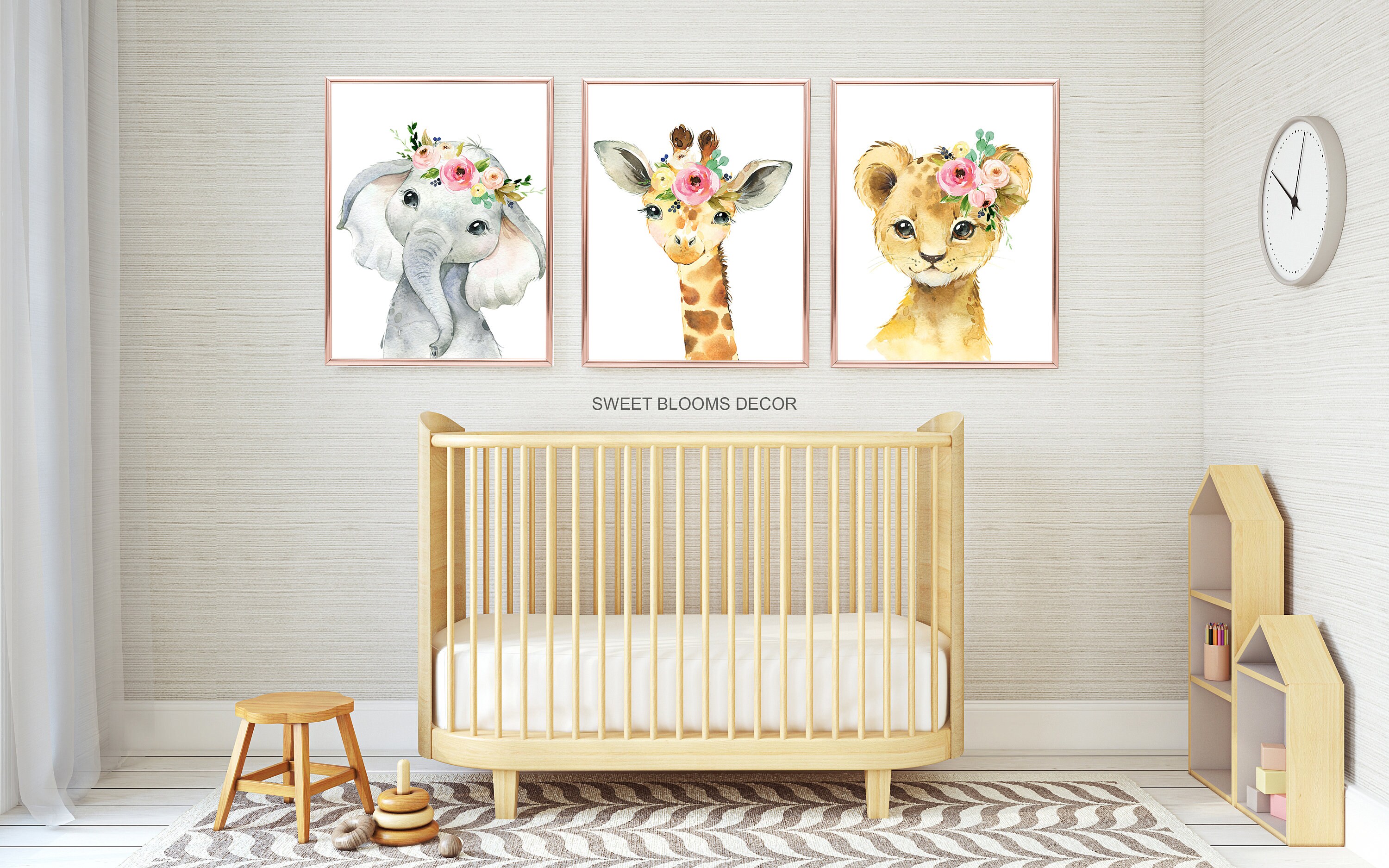 Safari Animals Girl Nursery Wall Art Watercolor Pink Coral Mint Floral ...