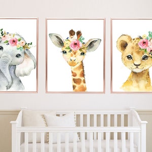 Safari Animals Girl Nursery Wall Art Watercolor Pink Coral Mint Floral ...