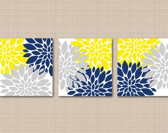 Yellow Navy Blue Gray Floral Wall Art Flowers Burst Bedroom Wall Decor Modern Home Decor Bathroom Wall Art  PRINTS or CANVAS H118