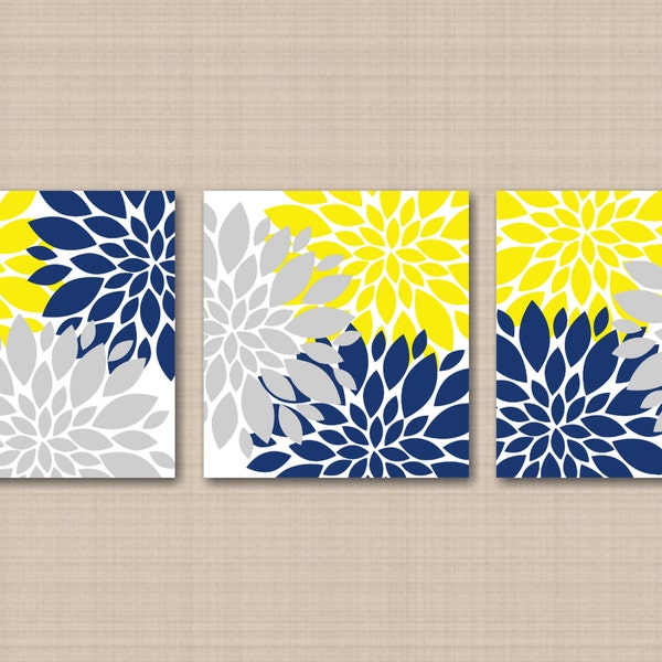 Yellow Navy Blue Gray Floral Wall Art Flowers Burst Bedroom Wall Decor Modern Home Decor Bathroom Wall Art  PRINTS or CANVAS H118