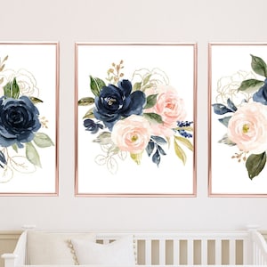 Floral Girl Nursery Wall Art Watercolor Blush Pink Navy Gold Modern ...