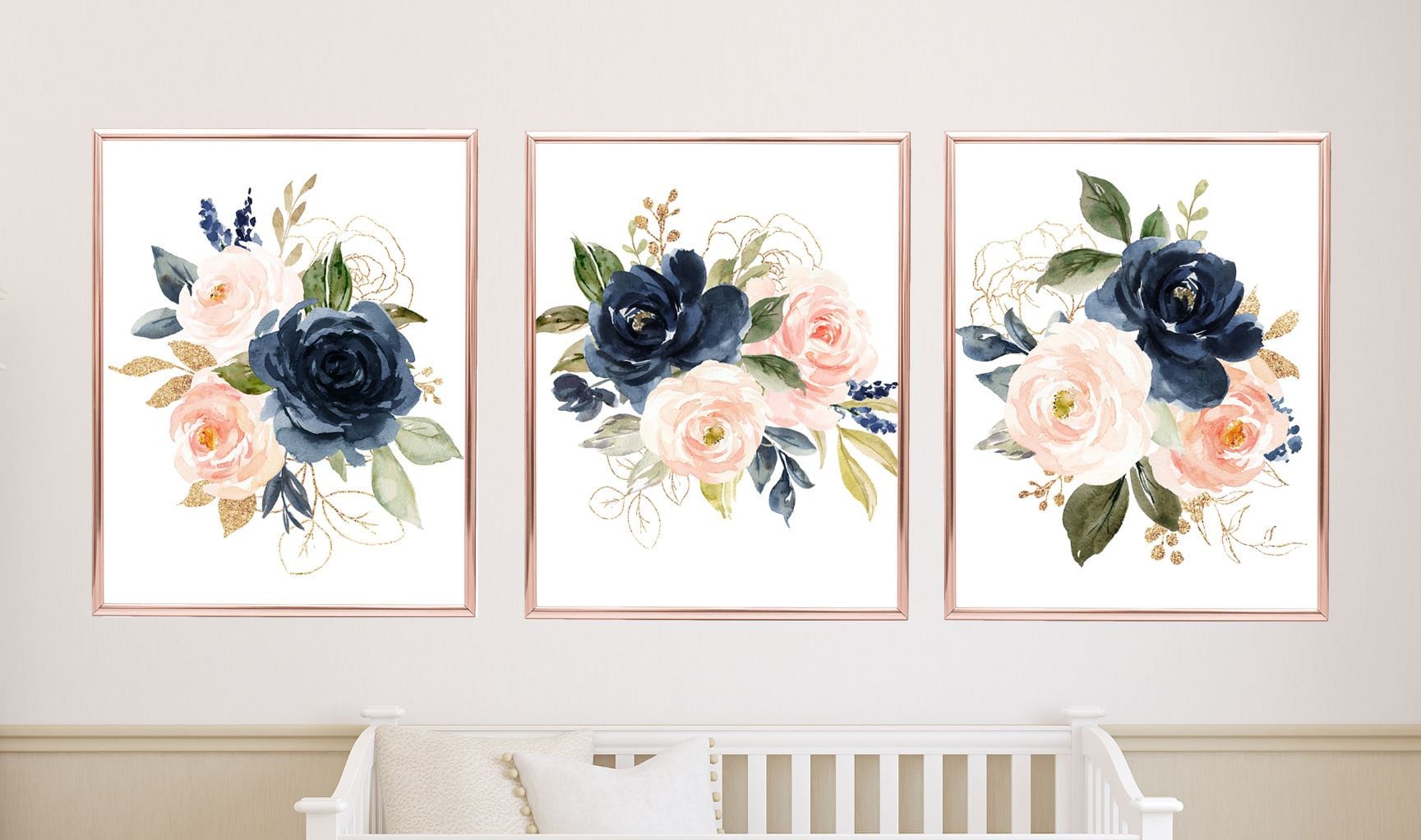 Floral Girl Nursery Wall Art Watercolor Blush Pink Navy Gold Modern ...
