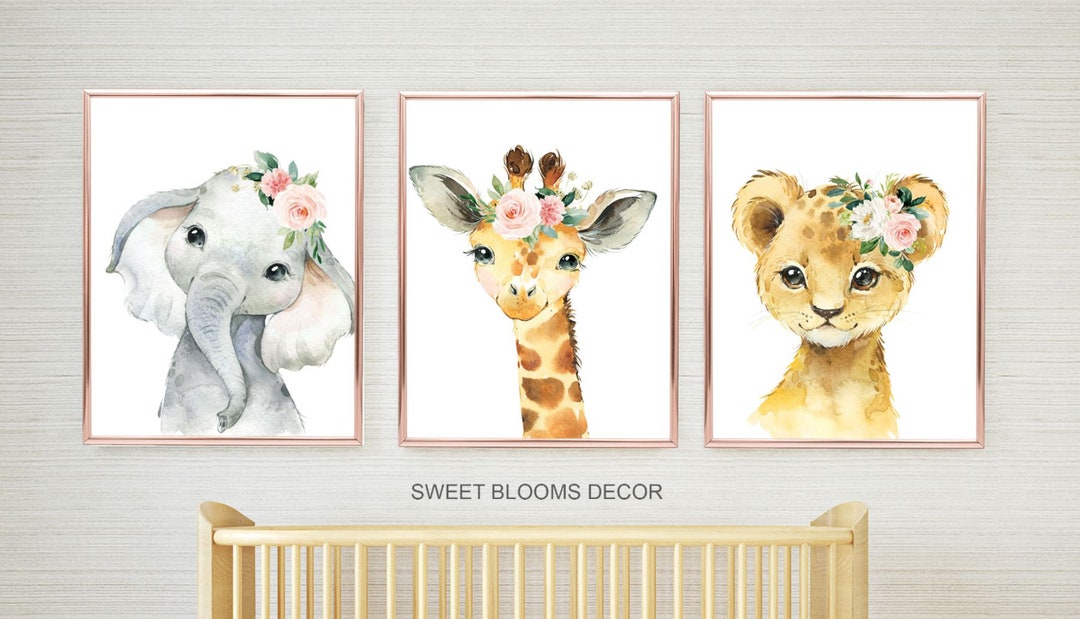 Animals Nursery Wall Art Watercolor Safari Girl Pink Coral Blush Floral ...