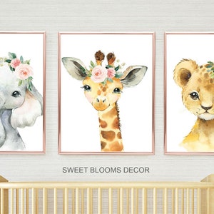 Animales Guardería Pared Arte Acuarela Safari Chica Rosa Coral Rubor Floral Moderno Boho Flores Regalo Bebé Habitación Decoración GRABADOS O LIENZO C818