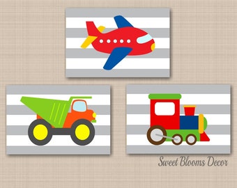Transportation Wall Art Trains Planes Dump Truck Boy Bedroom Decor Red Blye Green Gray Stripes Playroom Wall Art PRINTS or CANVAS C538