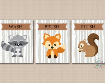Woodland Bathroom Wall Art Woodland Animals Kids Baby Bathroom Decor Birch Trees Gray Brown PRINTS or CANVAS B85