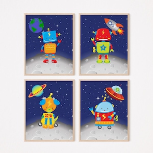 Space Robots Planets Nursery Wall Art, Baby Boy Bedroom Decor Playroom Wall Art Earth Night Sky Baby Shower Gift PRINTS or CANVAS C292