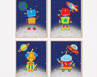 Space Robots Planets Nursery Wall Art, Baby Boy Bedroom Decor Playroom Wall Art Earth Night Sky Baby Shower Gift PRINTS or CANVAS C292