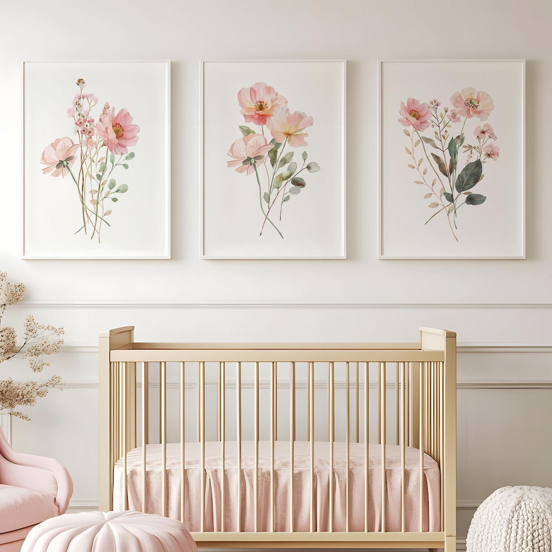 Wildflower Wall Art, Watercolor Flowers Nursery Decor, Blush Pink ...