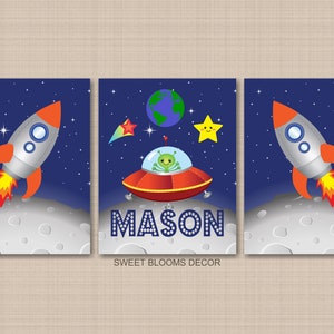 Space Kids Wall Art Decor Astronaut Outerspace Rockets Planets Stars Baby Boy Bedroom Name Sign Monogram PRINTS or CANVAS C290