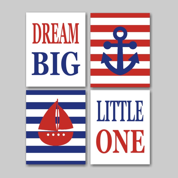 Home & Living Nautical Nursery Wall Art Navy Blue Red Stripes Baby Boy