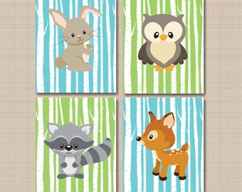 Woodland Animals Nursery Wall Art Birch Trees Blue Green Bear Fox Owl Deer Bunny Raccoon Turtle Squirrel Baby Boy Bedroom PRINTS or CANVAS