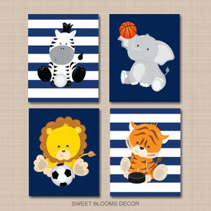 Safari Animals Nursery Decor Sports Navy Blue Stripes Animals Boy Nursery Wall Art Future All Star Soocer Football PRINTS OR CANVAS C595
