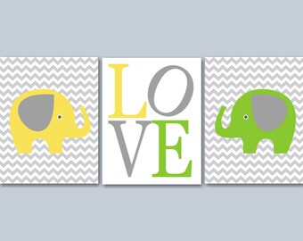 Elephants Nursery Wall Art Yellow Lime Green PRINTS or CANVAS