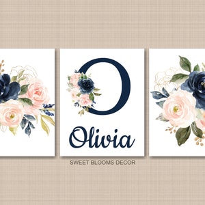 Floral Girl Nursery Wall Art Watercolor Blush Pink Coral Navy Blue Name ...