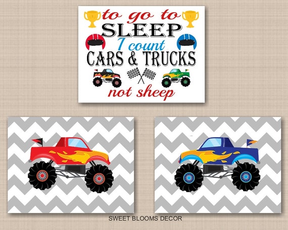 Monster Trucks Kids Room Wall Art Bedroom Decor Playroom Cars Baby Gift Transportation To Go To Sleep I Count Red Blue Prints Or Canvas C814