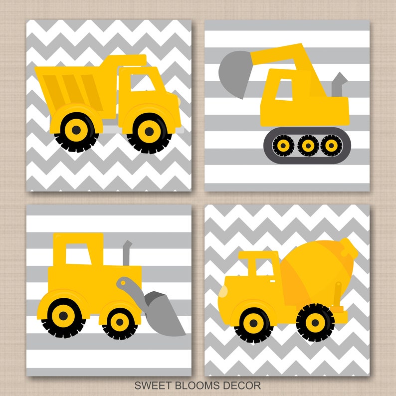 Construction Nursery Wall Art Decor Yellow Gray Chevron Etsy