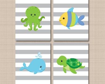 Sea Animals Nursery Wall Art Fish Turtle Whale Octopus Under the Sea Baby Boy Bedroom Decor Green Blue  Yellow Gray  PRINTS or CANVAS C275