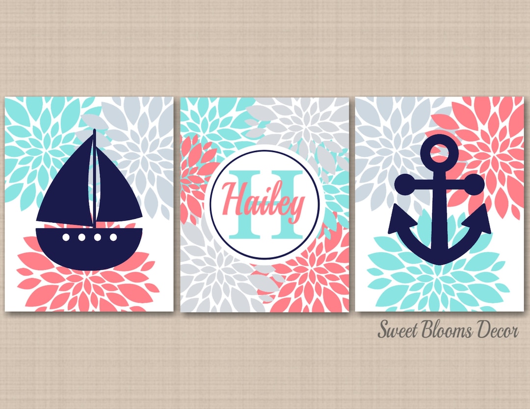 Nautical Girl Nursery Wall Art Baby Girl Coral Teal Navy Blue Floral
