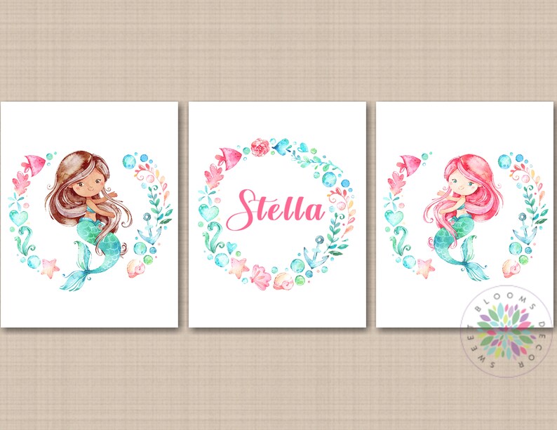 Mermaids Wall Art Mermaid Name Room Decor Bathroom Decor Teal Etsy