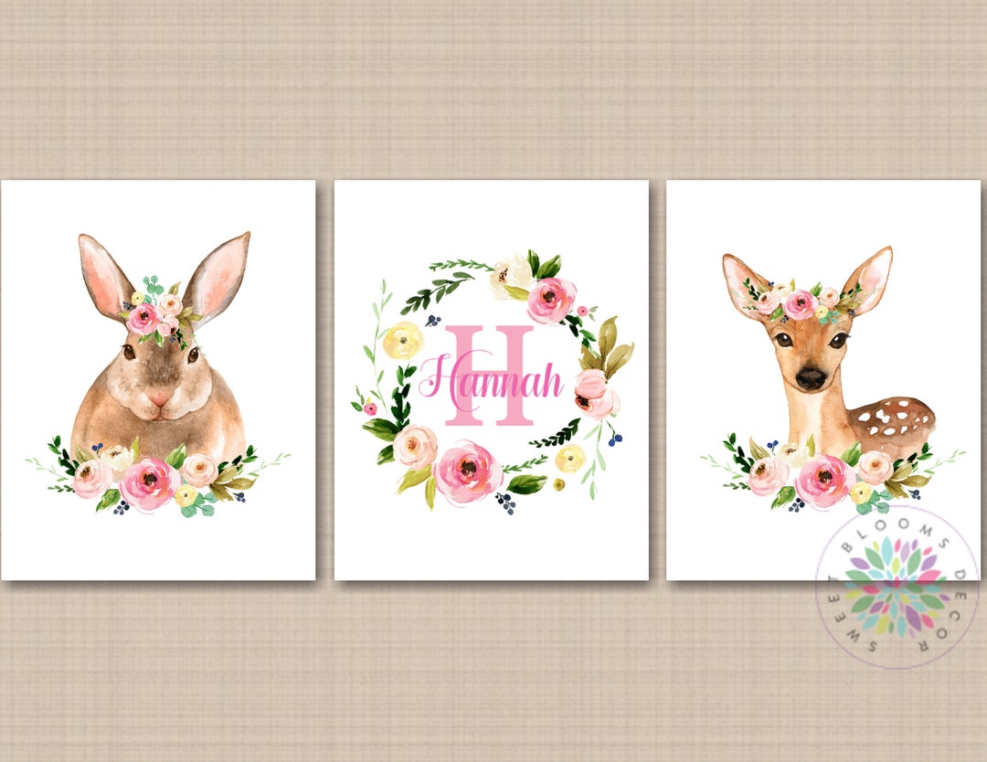 Woodland Girl Nursery Wall Art Woodland Pink Floral Watercolor Name ...