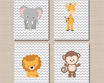 Animals Nursery Decor Wall Art Gray Chevron Safari Jungle Boy Girl Neutral Bedroom Decor Monkey Elephant Lion Giraffe  PRINTS OR CANVAS C262