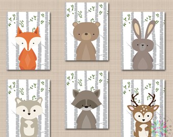May include: Six printable woodland animal illustrations. Each image features a different animal, including a fox, bear, rabbit, raccoon, deer, and wolf, against a backdrop of white birch trees with green leaves.